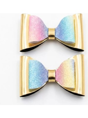 Popüler Sepet El Yapımı Işıltılı Suni Deri Glitter Toka Seti 2'li Fiyonk Sarı - Pembe