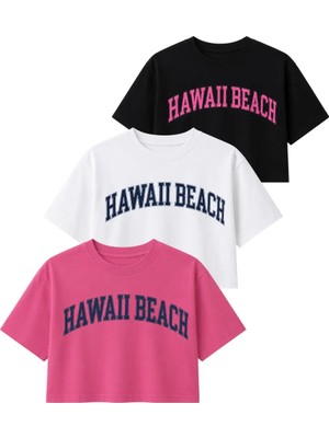 Dı Loria Kadın Rahat Kalıp Hawaii Baskılı Crop T-Shirt Seti (%95 Pamuk), (Siyah, Beyaz, Pembe)