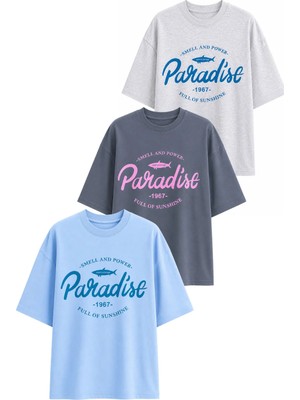 Dı Loria Kadın Oversize Paradise Baskılı Likralı Bisiklet Yaka T-Shirt (%95 Pamuk) (Gri Melanj, Antrasit, Mavi)