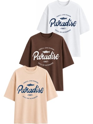 Dı Loria Kadın Oversize Paradise Baskılı Likralı Bisiklet Yaka T-Shirt (%95 Pamuk) (Beyaz, Kahverengi, Hardal)