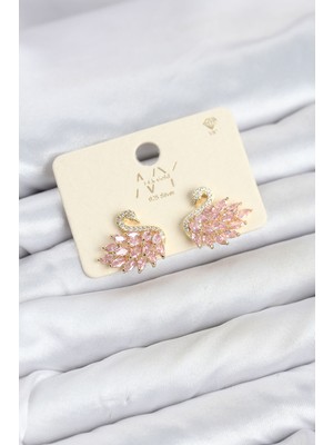 Die Grup Pembe Zirkon Taşlı Gold Swan Kuğu Model Kadın Küpe