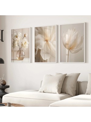 Nt Handmade Mc Home Art Çerçeveli Pvc Korumalı 3’lü Modern Çiçek Desenli Dekoratif Uv Baskı Mdf Duvar Tablo Seti
