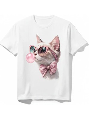 Urban Trend Store Urbantrendstore Kedi Temalı Funny Sevimli Tatlı Unisex Kız Çocuk Bisiklet Yuvarlak Yaka Basic Kısa Kollu %100 Pamuk Tişört