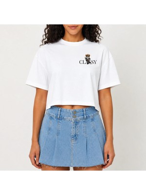 Urban Trend Store Urbantrendstore Crop Tişört Beyaz Baskılı Rahat Kesim Raw Cut Basic Kısa Tshirt