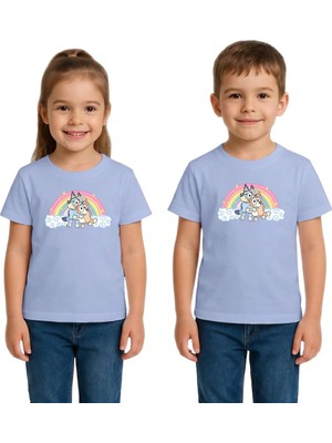 Urban Trend Store Urbantrendstore Bluey Gökkuşağı Özel Tasarım Unisex Kız Çocuk Erkek Çocuk Bisiklet Yuvarlak Yaka Basic Kısa Kollu %100 Pamuk Tişört