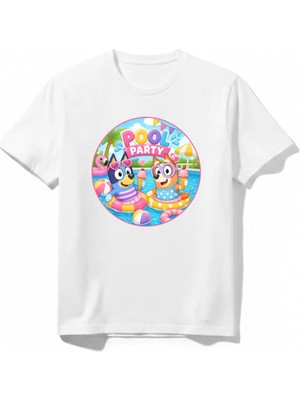 Urban Trend Store Urbantrendstore Bluey Pool Party Tatile Özel Tasarım Unisex Kız Çocuk Erkek Çocuk Bisiklet Yuvarlak Yaka Basic Kısa Kollu %100 Pamuk Tişört