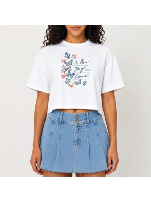 Urban Trend Store Urbantrendstore Crop Tişört Beyaz Baskılı Rahat Kesim Raw Cut Basic Kısa Tshirt