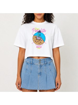 Urban Trend Store Urbantrendstore Crop Tişört Beyaz Baskılı Rahat Kesim Raw Cut Basic Kısa Tshirt