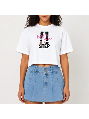 Urban Trend Store Urbantrendstore Crop Tişört Beyaz Baskılı Rahat Kesim Raw Cut Basic Kısa Tshirt