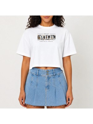 Urban Trend Store Urbantrendstore Crop Tişört Beyaz Baskılı Rahat Kesim Raw Cut Basic Kısa Tshirt