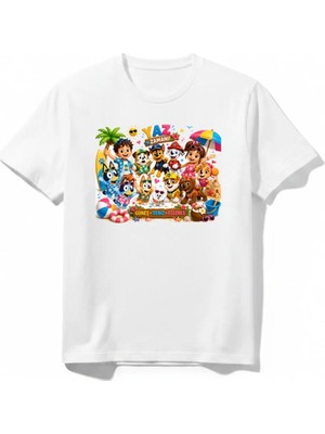 Urban Trend Store Urbantrendstore Bluey ve Paw Patrol Birlikte Tatilde Özel Tasarım Unisex Kız Çocuk Erkek Çocuk Bisiklet Yuvarlak Yaka Basic Kısa Kollu %100 Pamuk Tişört