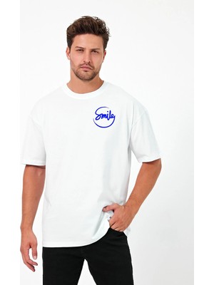 Urban Trend Store Urbantrendstore Smile Unisex Sade Basic Yazlık Beyaz Tshirt Oversize Fit Rahat Geniş Salaş T-Shirt Günlük Tişört