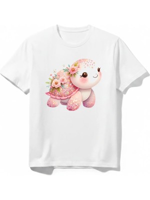 Urban Trend Store Urbantrendstore Sevimli Pembe Kaplumbağa Unisex Kız Çocuk Bisiklet Yuvarlak Yaka Basic Kısa Kollu %100 Pamuk Tişört