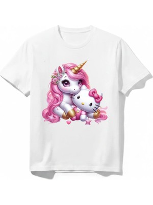 Urban Trend Store Urbantrendstore Unicorn Hello Kitty Sevimli Tatlı Unisex Kız Çocuk Bisiklet Yuvarlak Yaka Basic Kısa Kollu %100 Pamuk Tişört