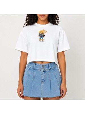 Urban Trend Store Urbantrendstore Crop Tişört Beyaz Baskılı Rahat Kesim Raw Cut Basic Kısa Tshirt