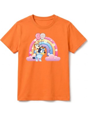 Urban Trend Store Urbantrendstore Bluey Gökkuşağı Unisex Kız Çocuk Erkek Çocuk Yuvarlak Yaka Tişört