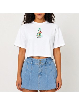 Urban Trend Store Urbantrendstore Crop Tişört Beyaz Baskılı Rahat Kesim Raw Cut Basic Kısa Tshirt