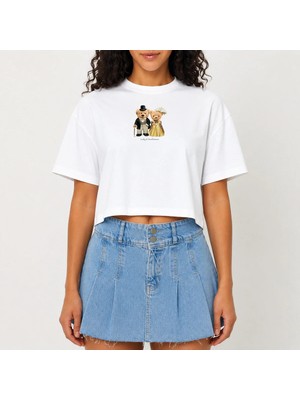 Urban Trend Store Urbantrendstore Crop Tişört Beyaz Lady And Gentleman Baskılı Rahat Kesim Raw Cut Basic Kısa Tshirt