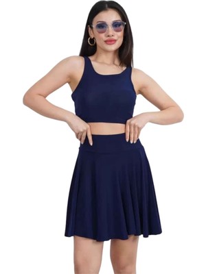 Barinoska **kadın Sendy Kumaş Kolsuz Crop Üst ve Yüksek Bel Şortlu Mini Etek 2’li Takım Günlük Spor Şık Kombin**