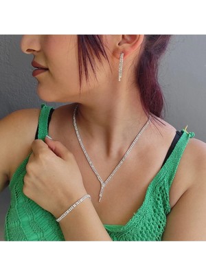 Mupte Jewelry Abiye Set Suyolu Küpe Kolye Bileklik Zirkon Gümüş Renk