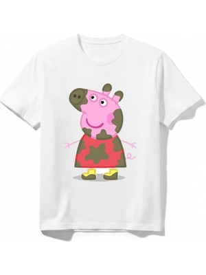 Urban Trend Store Urbantrendstore Peppa Pig Temalı Unisex Kız Çocuk Erkek Çocuk Bisiklet Yaka Tişört