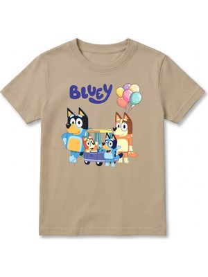 Urban Trend Store Urbantrendstore Bluey Baskılı Premium Bisiklet Yaka Pamuklu Kısa Kollu Çocuk ve Genç Tişört