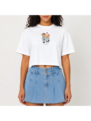 Urban Trend Store Urbantrendstore Crop Tişört Beyaz Baskılı Rahat Kesim Raw Cut Basic Kısa Tshirt