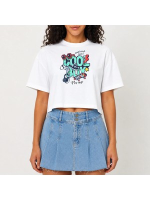 Urban Trend Store Urbantrendstore Crop Tişört Beyaz Baskılı Rahat Kesim Raw Cut Basic Kısa Tshirt