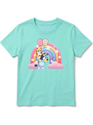 Urban Trend Store Urbantrendstore Bluey Gökkuşağı Unisex Kız Çocuk Erkek Çocuk Yuvarlak Yaka Tişört