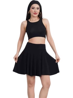Barinoska **kadın Sendy Kumaş Kolsuz Crop Üst ve Yüksek Bel Şortlu Mini Etek 2’li Takım Günlük Spor Şık Kombin**