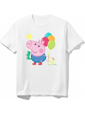 Urban Trend Store Urbantrendstore Peppa Pig Temalı Unisex Kız Çocuk Erkek Çocuk Bisiklet Yaka Tişört