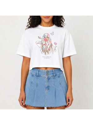 Urban Trend Store Urbantrendstore Crop Tişört Beyaz Baskılı Rahat Kesim Raw Cut Basic Kısa Tshirt