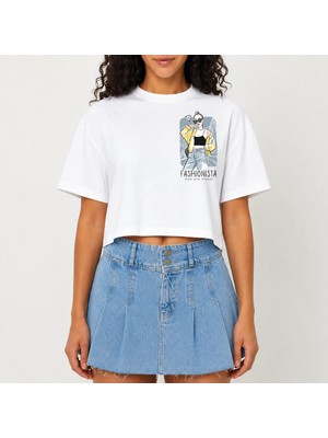 Urban Trend Store Urbantrendstore Crop Tişört Beyaz Baskılı Rahat Kesim Raw Cut Basic Kısa Tshirt