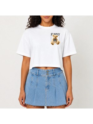 Urban Trend Store Urbantrendstore Crop Tişört Beyaz Say Cheese Baskılı Rahat Kesim Raw Cut Basic Kısa Tshirt