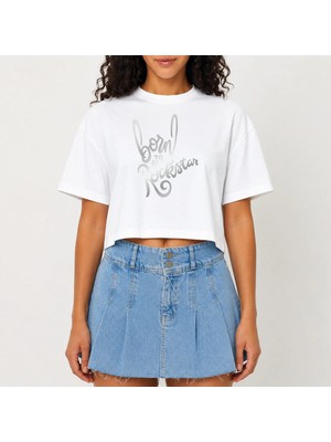 Urban Trend Store Urbantrendstore Crop Tişört Beyaz Baskılı Rahat Kesim Raw Cut Basic Kısa Tshirt