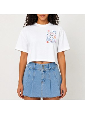 Urban Trend Store Urbantrendstore Crop Tişört Beyaz Baskılı Rahat Kesim Raw Cut Basic Kısa Tshirt