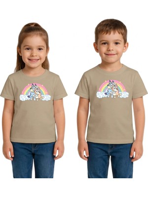 Urban Trend Store Urbantrendstore Bluey Gökkuşağı Özel Tasarım Unisex Kız Çocuk Erkek Çocuk Bisiklet Yuvarlak Yaka Basic Kısa Kollu %100 Pamuk Tişört