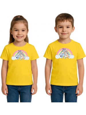 Urban Trend Store Urbantrendstore Bluey Gökkuşağı Özel Tasarım Unisex Kız Çocuk Erkek Çocuk Bisiklet Yuvarlak Yaka Basic Kısa Kollu %100 Pamuk Tişört