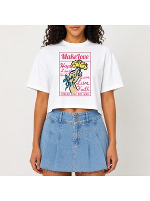 Urban Trend Store Urbantrendstore Crop Tişört Beyaz Baskılı Rahat Kesim Raw Cut Basic Kısa Tshirt