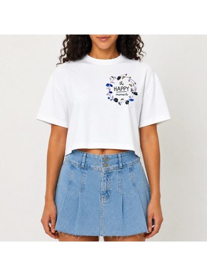 Urban Trend Store Urbantrendstore Crop Tişört Beyaz Baskılı Rahat Kesim Raw Cut Basic Kısa Tshirt