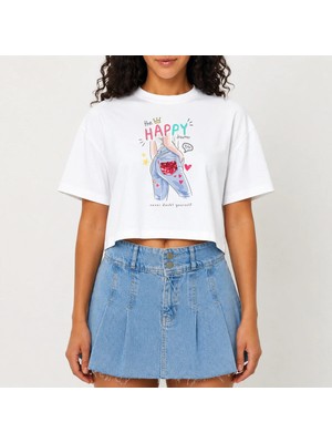 Urban Trend Store Urbantrendstore Crop Tişört Beyaz Baskılı Rahat Kesim Raw Cut Basic Kısa Tshirt