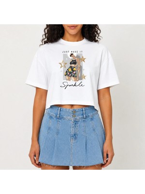 Urban Trend Store Urbantrendstore Crop Tişört Beyaz Baskılı Rahat Kesim Raw Cut Basic Kısa Tshirt