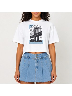 Urban Trend Store Urbantrendstore Crop Tişört Beyaz Baskılı Rahat Kesim Raw Cut Basic Kısa Tshirt