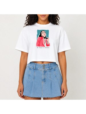 Urban Trend Store Urbantrendstore Crop Tişört Beyaz Baskılı Rahat Kesim Raw Cut Basic Kısa Tshirt