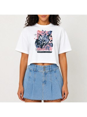 Urban Trend Store Urbantrendstore Crop Tişört Beyaz Baskılı Rahat Kesim Raw Cut Basic Kısa Tshirt