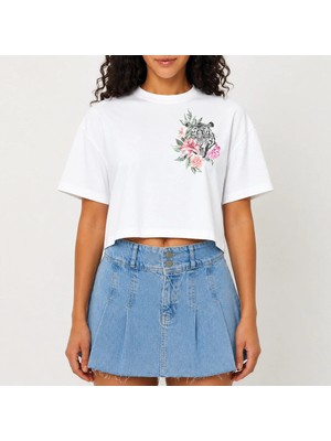 Urban Trend Store Urbantrendstore Crop Tişört Beyaz Baskılı Rahat Kesim Raw Cut Basic Kısa Tshirt