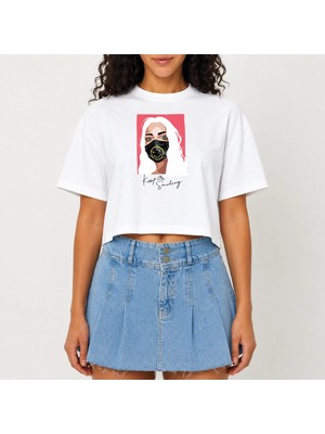 Urban Trend Store Urbantrendstore Crop Tişört Beyaz Baskılı Rahat Kesim Raw Cut Basic Kısa Tshirt
