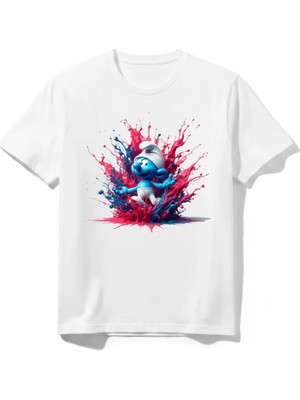 Urban Trend Store Urbantrendstore Şirinleer Renki Canlı Baskılı Unisex Kız Çocuk Erkek Çocuk Bisiklet Yuvarlak Yaka Basic Kısa Kollu %100 Pamuk Tişört