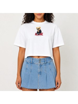 Urban Trend Store Urbantrendstore Crop Tişört Beyaz Baskılı Rahat Kesim Raw Cut Basic Kısa Tshirt