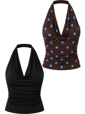 Dı Loria Kadın Degaje Yaka Crop 2'li Set (Kahverengi - Mavi Puantiyeli & Siyah)